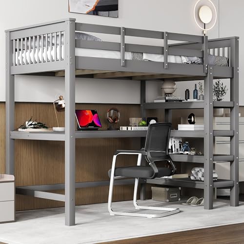 RIAZOS Kinderbett 90x200 cm, Hochbett mit Schreibtisch, Etagenbett mit Ablagefächern, Spielbett für Kinder Jugendbett Stockbett, Bettrahmen für...