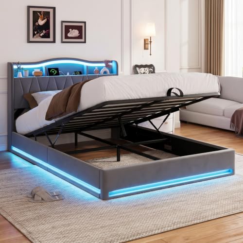 Mexus - Cama de 140 x 200 cm, LED acolchado USB/tipo C, cama de 2 personas, cabecera de almacenamiento, aplicable pequeño mueble de almacenamiento para apartamentos creativos ambiente acogedor para