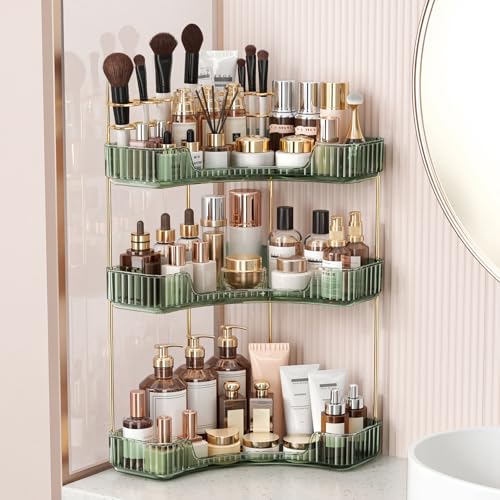 Image of BEFSOP Corner Bathroom Counter Organizer, Upgraded 3-Tier Makeup Organizer Countertop with Makeup Brush Holder, Skincare Exquisite Vanity Organizers Countertop Bathroom Storage Dresser(Green)