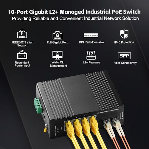 Image of MokerLink 8 Port Gigabit PoE Industrial DIN-Rail Ethernet Switch Managed, 2 SFP Ports, IEEE802.af /at 96W PoE+ Power, Web L2+ Managed IP40 Network Switch (-40 to 185F), with Power Supply