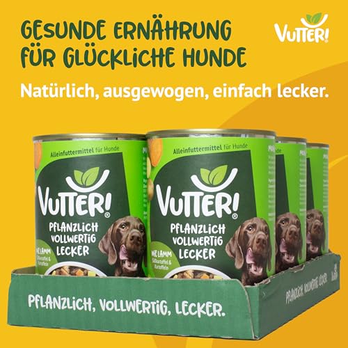 VUTTER Nassfutter Wie Lamm, 12x400 g: Hundefutter Vegan - Alleinfutter für Hunde - Fleischähnlich für hohe Akzeptanz - Sojaprotein für Muskeln, Zink für Haut & Fell, Kalzium für Zähne & Knochen