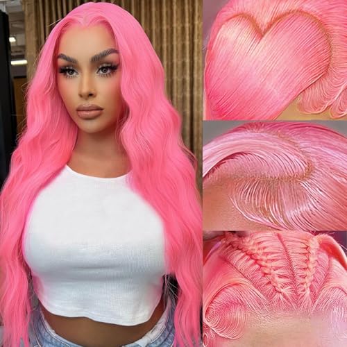 MIGURA 30 Inch Pink Body Wave Lace Front Wig Human Hair Pink Human Hair Wig