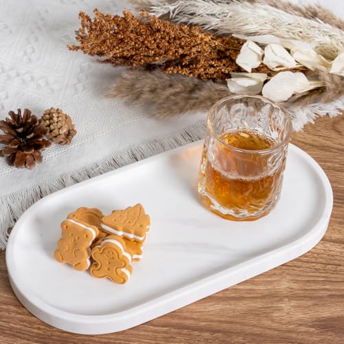 Image of Koville White Marble Oval Tray for Bathroom Countertop, 10 inch x 5 inch Natural Marble Vanity Trays, Stone Perfume Organizer Tray for Decor, Jewelry Dish Perfume Trays for Dresser
