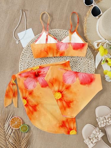 Image of RoseSeek Girls 3 Piece Bikini Set with Beach Skirt Floral Leopard O-Ring Padded Swimsuit for Teen Girls