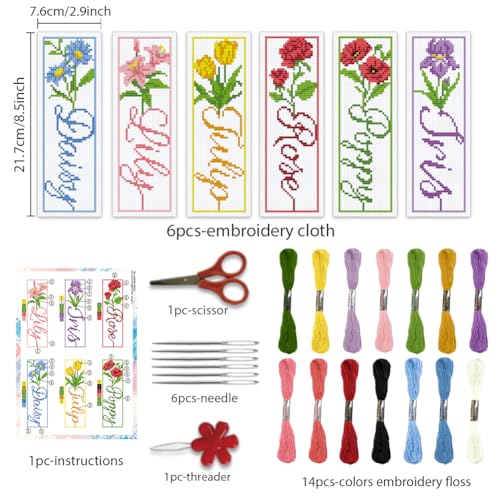 Image of BEUNITONE 6 PCS Cross Stitch Bookmark Kit for Adults Beginners,Text and Flowers Pre-Printed Cross Stitch,DIY Stamped Embroidery Bookmark Kits,with Instructions,Craft Kit for Book Lovers 8.5''x3''