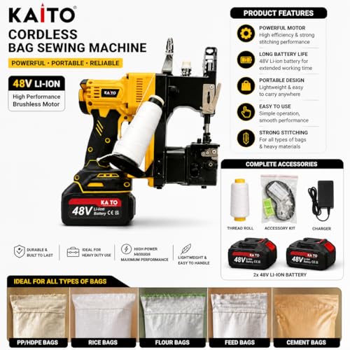Image of KAITO 48V Cordless Bag Closer Sewing Machine | Brushless Motor | Only 3.5 KG | Single Needle | Metal Body | Portable & Lightweight | 2 x 5.0Ah (10Cell) Battery | Extra Needle, Thread & Accessories
