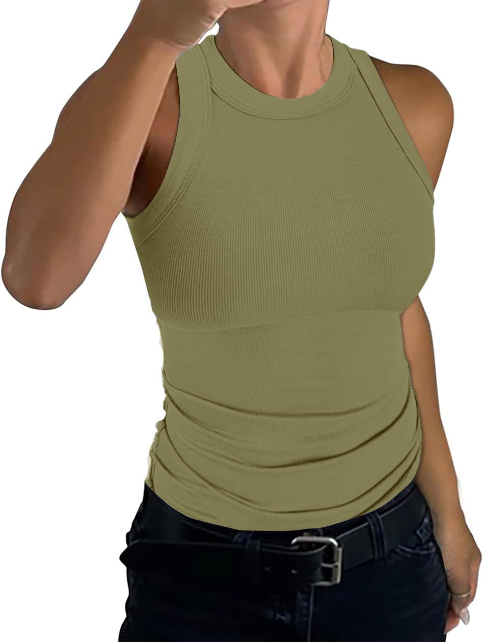 ELFIN Damen Ärmellos Racerback High Neck Tank Top Rundhals Gerippt Slim Fit Basic Shirt Sexy Obertiele Sommer Weste Ribbed Tops