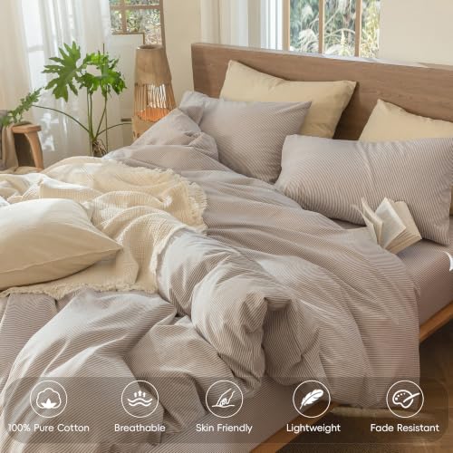 Image of MooMee Striped Duvet Cover Set 100% Washed Cotton Linen Like King | Relaxed Linen-like Texture. Soft, Breathable & Long-lasting Comfort. Lightweight. Hidden Zipper with 8 Interior Corner Ties