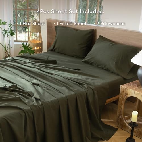 Image of MooMee Bedding Sheet Set 100% Washed Cotton Linen Like Textured Breathable Durable Soft Comfy (Solid Olive Green, Queen)
