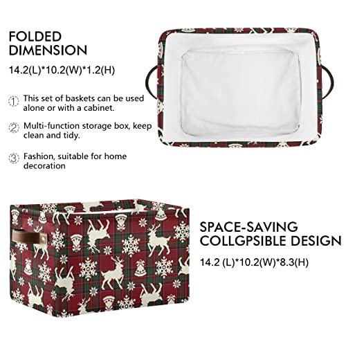 Image of Christmas Bells Reindeer Storage Basket Fabric Laundry Baskets Winter Snowflake Xmas Red Green Buffalo Plaid Storage Boxes Organizer Bag for Cloth Toy Book Storage Cubes Shelf Closet Bins 16x12x8