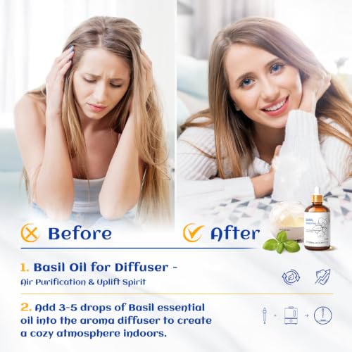 Image of HIQILI Basil Essential Oil for Aromatherapy Diffuser, Hair Care | Perfect for bedroom, yoga, skin care. Promotes calm relaxation, body massage, DIY soap and candle - 100mL / 3.38 fl.oz
