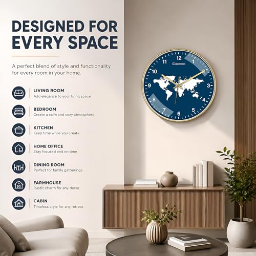 Image of Wall Clock for Living Room Stylish - World Map Design Wall Clock for Office | Silent Non-Ticking | Modern Round Wall Watch for Hall & Bedroom | Premium Decorative Wall Watch