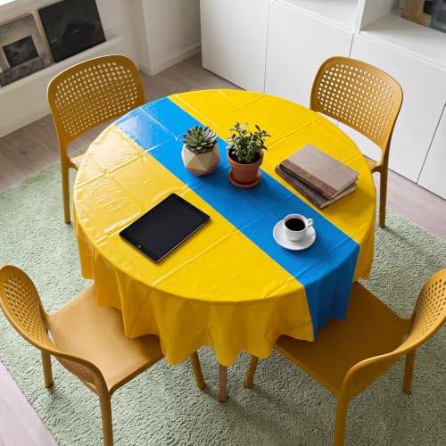 Image of Remagr 12 Pcs Round Plastic Tablecloth 84 Inch Disposable Tablecloth Party Table Cover for Graduation Wedding Birthday Retirement Decoration (Yellow,Blue)