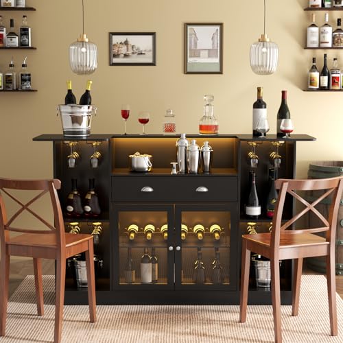 Loomie Bar Table Cabinet with LED & Drawer, Mini Liquor Bar with 8-Tier Storage & Stemware Holder, Wine Alcohol Bar Stand with Glass Door & Adjustable Wine Rack, Crescent Shaped Counter for Home Pub