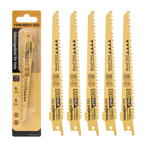 TOOLMAYS Lame Scie Sabre Bois 5 pièces, 150 mm 6TPI Lames de Scie Sabre pour Bois Dur et Tendre, pour des Coupes Rapides et Propres