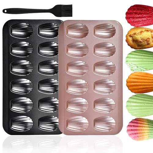 Akranini Madeleines Backform 2 Stück Non-Stick 12 Cup Madeleine Baking Pan Carbonstahl Anti-Haft mit Silikonpinsel für Ofen & Madeleines Gebäck (Schwarz & Golden)