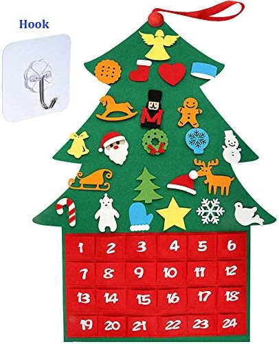 XoYo Felt Christmas Countdown Calendar, 3.0ft with 24 Detachable Christmas Ornaments + 24 Pockets Countdown to Christmas, Fabric Christmas Advent Calendar, Children's Felt Craft Kits for Christmas