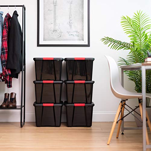Image of IRIS USA 40 Qt Stackable Plastic Storage Bins with Lids, 6 Pack - BPA-Free, Made in USA - Garage Organizing Solution, Latches, Durable Nestable Containers, Secure Pull Handle - Black