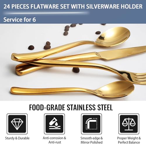 Image of 24 Pieces Flatware Set, Stainless Steel Cutlery Set with Silverware Holder, Modern Gold Silverware Set Includes Dinner Knives Forks Spoons,Hanging Silverware (Golden)