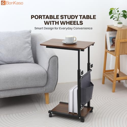 Image of BonKaso Height Adjustable Side Table with Wheels, Rolling Sofa Bedside Laptop Table, Wooden Top, Storage Pocket, Lower Shelf, Lockable Castors, Mild Steel Frame for Tea Work Reading Meals - Walnut