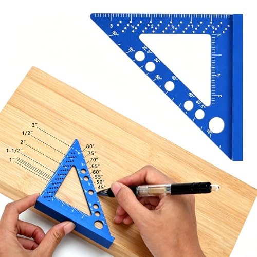 Aluminum Alloy Square Ruler Compact Size Laser Etched Markings for Carpentry Woodworking Furniture Projects (Blue)