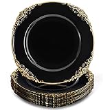 Okllen 12 Pack Plastic Round Charger Plates, 13' Dinner Charger Dessert Plates with Gold Rim, Vintage Charger Serving Plates for Catering, Wedding, Tabletop Decor, Black, Floral Trim