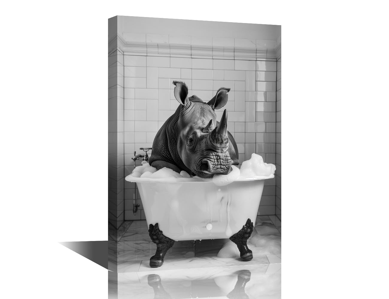 Black and White Wall Art Rhino Poster Prints on Canvas 1 Piece Elegant Bathtub Canvas Wall Decor Home Decoration for Living Room Office Bathroom Framed Ready to Hang (24''Wx 36''H)