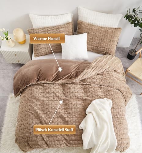 Lanqinglv Plush Bed Linen 135 x 200 cm Faux Fur Khaki Fluffy Winter Bed Linen Warm Cosy Flannel Fleece Cashmere Touch Flannelette Duvet Cover with Zip and 1 Pillowcase 80 x 80 cm - Image 4
