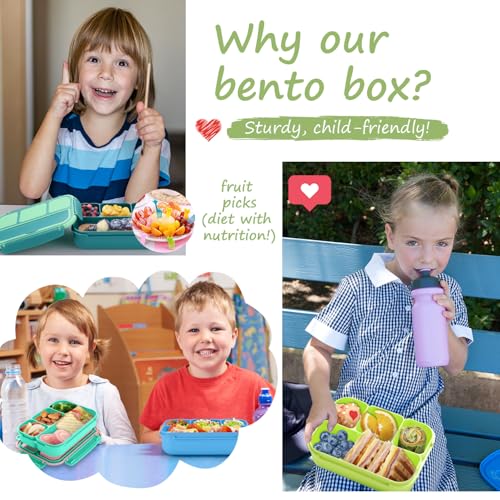 Image of QQKO Bento Box for Kids Adults, School Toddler Lunch Box for Boys Girls, Lunch Box Containers with 4 Compartments, Sauce Container, Utensils, Food Picks and Muffin Cups for School, Pink Yellow Green