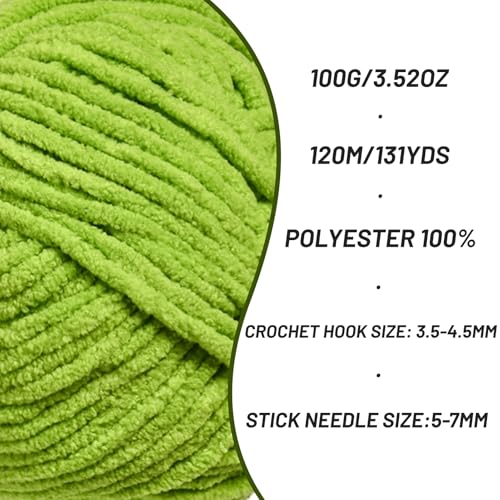 Image of 3 Packs Plush Chenille Chunky Crochet Yarn - Baby Yarn for Crocheting Soft - Velvet Yarns Knitting for Blankets Crafts - Fluffy Amigurumi Yarns 300g / 393yd (3 Lime Green)