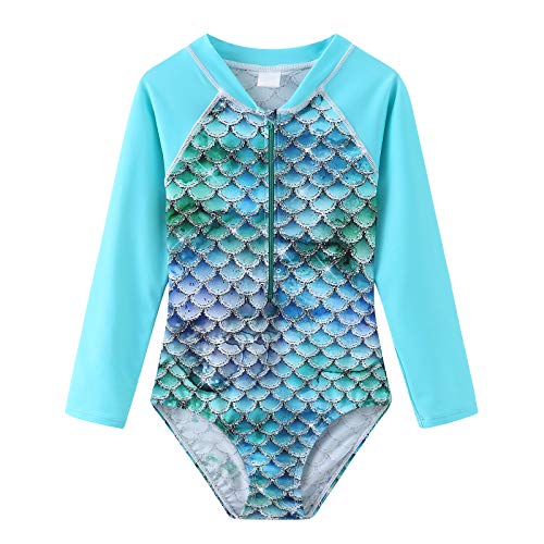 Image of Moon Tree Girls One Piece Swimsuits Long Sleeve Rash Guard Zipper Front Bathing Suit UPF 50+