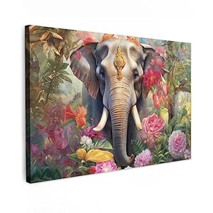 MuchoWow© Canvas Schilderij Groot 120×80 cm XXL Kamer Decoratie Woonkamer Slaapkamer Room Decor Wanddecoratie Wall Art Painting Olifant – Bloemen – Natuur – Dieren