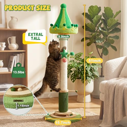 51'' Extra Tall Cat Scratching Post,Luxury Carousel Shape Thick Sisal Scratching Post for Indoor Adult,Heavy Duty Stable Stylish Scratcher Tree with Interactive Wood Ball 2*Peppermint Toys for Large