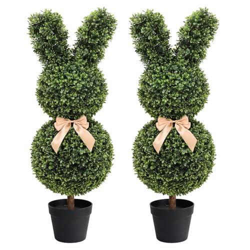 HN HOLD NATURE Easter Bunny Topiary, 3 Ft Artificial Bunny Topiary Outdoor, Rabbit Boxwood Topiary for Easter Porch Decor Home Yard Front Door (2 Pack)