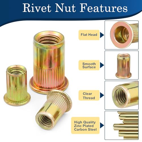 Vifmy RN-002 10-24 Unc Rivet Nut, 125Pcs Zinc Plated Finish Carbon Steel Flat Head Threaded Insert Nutsert Kit thumb #3