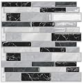 DEWOO Kitchen Backsplash Self Adhesive Wall 3D Marble Tiles Peel and Stick Bathroom, Black Mosaic (10-Sheet, 12"×12")