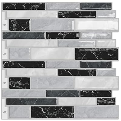 DEWOO Kitchen Backsplash Self Adhesive Wall 3D Marble Tiles Peel and Stick Bathroom, Black Mosaic (10-Sheet, 12"×12")