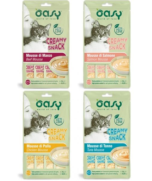 Oasy creamy snack mousse per gatto gatti cat. 12 BUSTE MISTE DA 4X15g CADAUNO IN BASE ALLA DISPONIBILITA'