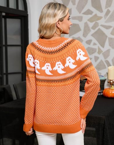 Image of Women's Fair Isle Sweaters Long Sleeve Crew Neck Loose Casual Halloween Pullover Sweater Orange Large