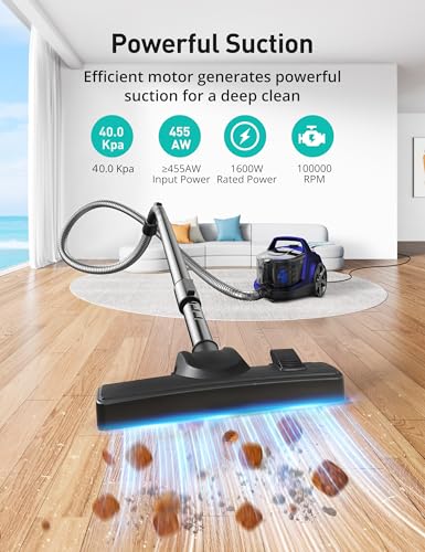 Image of Aspiron 40Kpa Canister Vacuum Cleaner, 1600W Bagless Canister Vacuum Cleaner with 5 Tools, Auto Cord Rewind, H13 HEPA Filter, 4Qt Large Cup, for Hard Floors, Carpet, Pet, Upholstery, Tiles, Sapphire