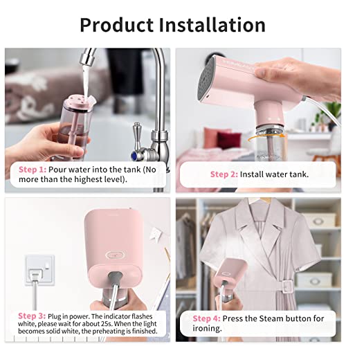 Clothes Steamer Travel, Homeasy Handheld Steamer For Clothes Garment Steamer Portable Iron Clothes Steamer Fabric Wrinkle Remover With Fast 25S Heat-Up Detachable Water Tank, Pink #TOP6