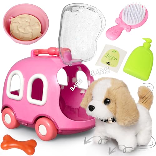 Kiddie Play Dog Toys for Kids Girls, Barking Walking Dog Toy Puppy Pet Care Playset with Carrier and Accessories