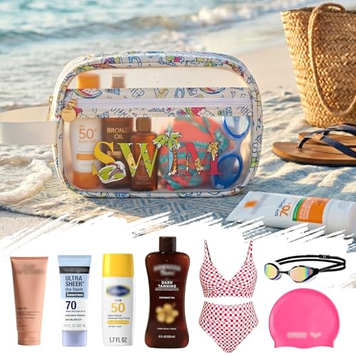 Image of COSHAYSOO Clear SWIM Bag Swimming Pool Day Accessories for Women Teen Girls Bikini Swimsuit Goggle Cap Sunscreen Hair Makeup Organizer, Cute Swimmer Team Gifts Travel Waterproof Small Pouch, Tropical