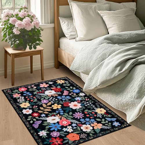 Entryway Rug 2X3 Small Rugs: Floral Washable Door Mat Vintage Soft Low Pile Non-Slip Kitchen Rugs Stain Resistant Indoor Throw Rug for Entrance, Bedroom, Kitchen, Laundry, Bathroom Black