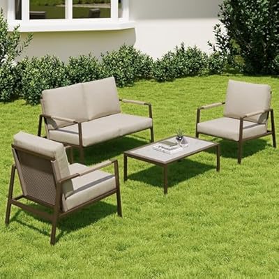 EAST OAK 4-Piece Patio Furniture Set with Thick Cushions, 2025 Coast Patio Conversation Set,4 Seats Waterproof Outdoor Patio Set with Rattan Armrests, Loveseat and Coffee Table for Backyard, Apricot