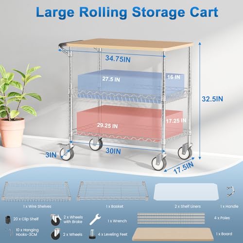 Image of Rolling Kitchen Carts with Wheels, 3-Tier Utility Cart with Wood Tabletop