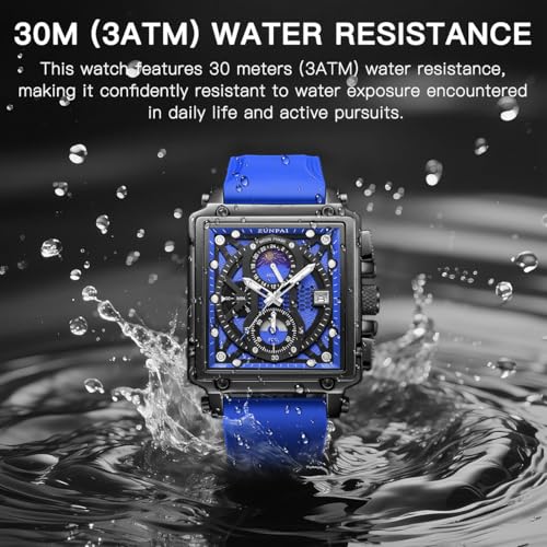 Image of ZUNPAI Moon Phase Watch for Men Multifunction Chronograph Dial Analog Quartz Square Wristwatch Business Dress Watch with Luminous Waterproof Calendar Silicone Strap