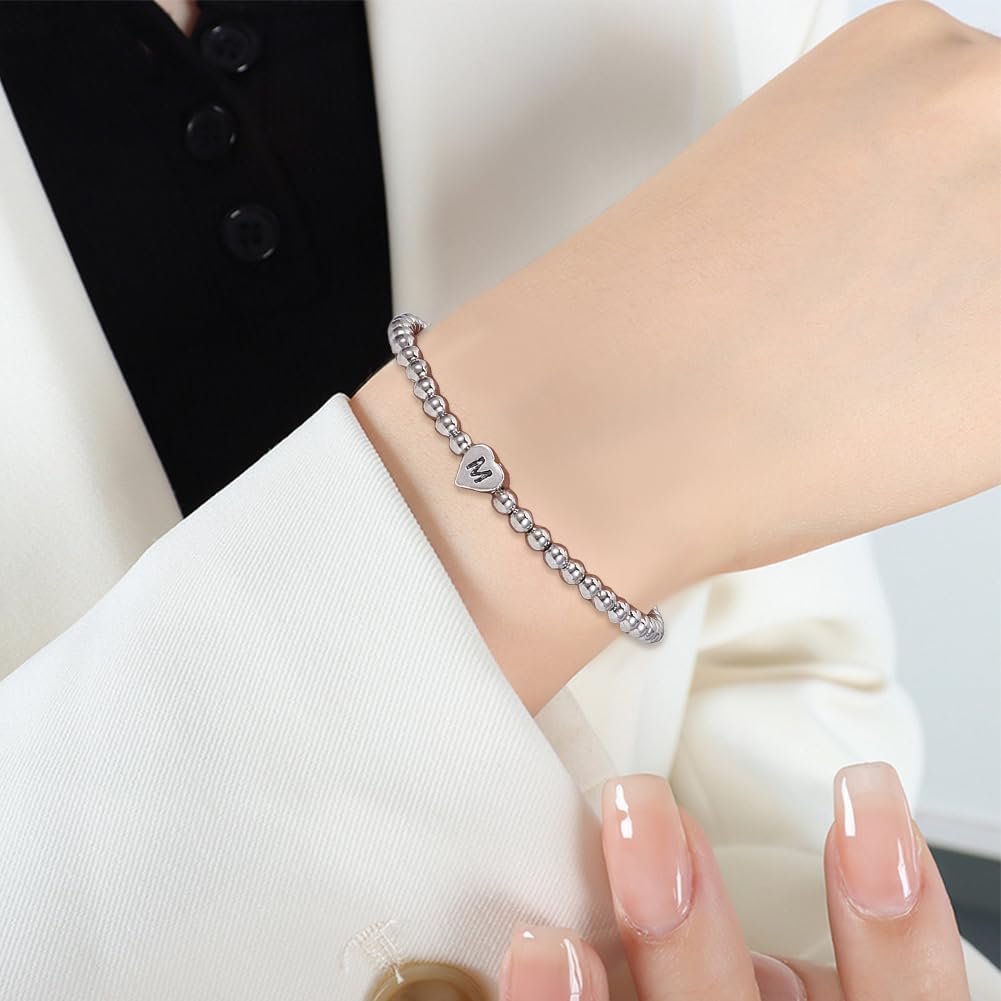 Initial Beaded Bracelets for Women Silver Heart Initial Boho Hand Chain Dainty Letter M Charm Handmade Stretch Ball Bead Bracelet Trendy Jewelry Gifts Bangle for Mother Valentine's Day - Image 3