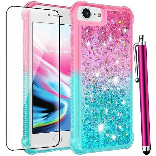 CAIYUNL for iPhone SE Case 2022(3rd Gen)/iPhone SE 2020 Case(2nd Gen)/iPhone 8 Case/iPhone 7 Case with Screen Protector, Glitter Bling Floating Liquid Women Girls Cute Shockproof Phone Case-Pink/Blue