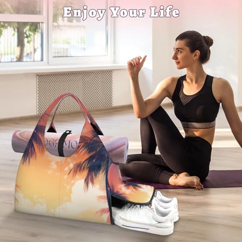 Yoga Tote Bag for Women Tall Palm Tree Beach Bag with Shoe Storage & Yoga Mat Strap Waterproof Weekender Duffle Bag for Travel Fitness Weekend Trips2